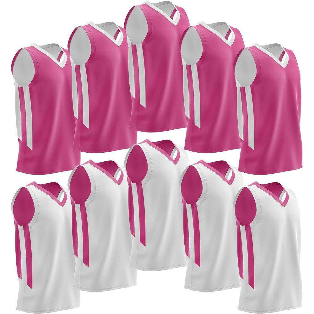 image10Pack Mens Reversible Custom Basketball Jerseys Plain Mesh Athletic Sleeveless Shirts Blank Team Uniforms SetPinkWhite