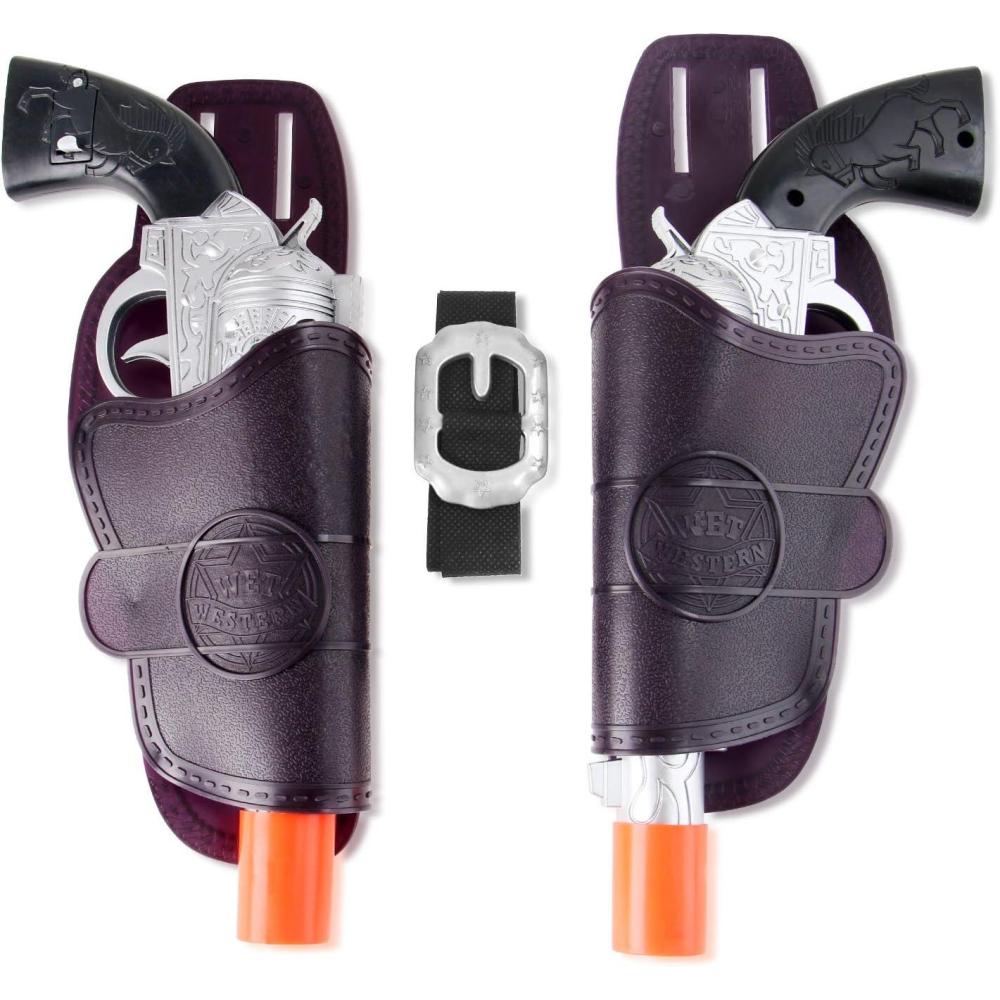 image2 Pack Kids Western Dual Cowboy Pistols Belt and Holster Set  Battery Operated 11quot Wild West Outlaw Toy Guns with Realistic Sounds for Role Play Cosplay Costume Accessories Stage Props