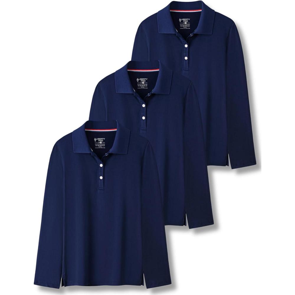 image3 Pack Youth Girls Performance Polo Shirts Long Sleeve Pique Collared Kids School Uniform TopsNavy