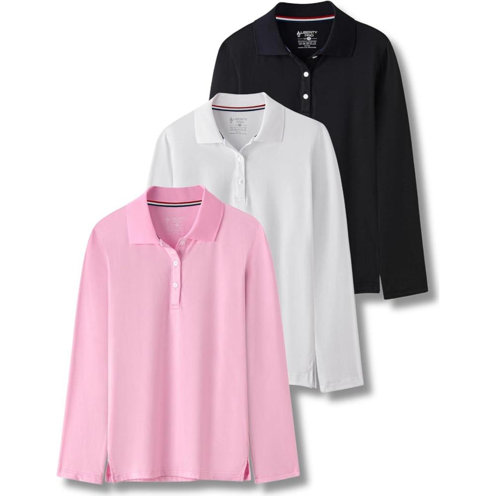 image3 Pack Youth Girls Performance Polo Shirts Long Sleeve Pique Collared Kids School Uniform TopsPinkBlackWhite