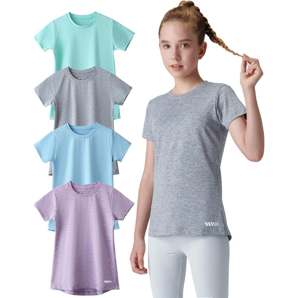 image4 Pack Youth Girls Athletic Shirts Short Sleeve Dry Fit Apparel Tech Tshirts Sports Activewear for Kids TeensHeather LavenderLight BlueGrayGreen