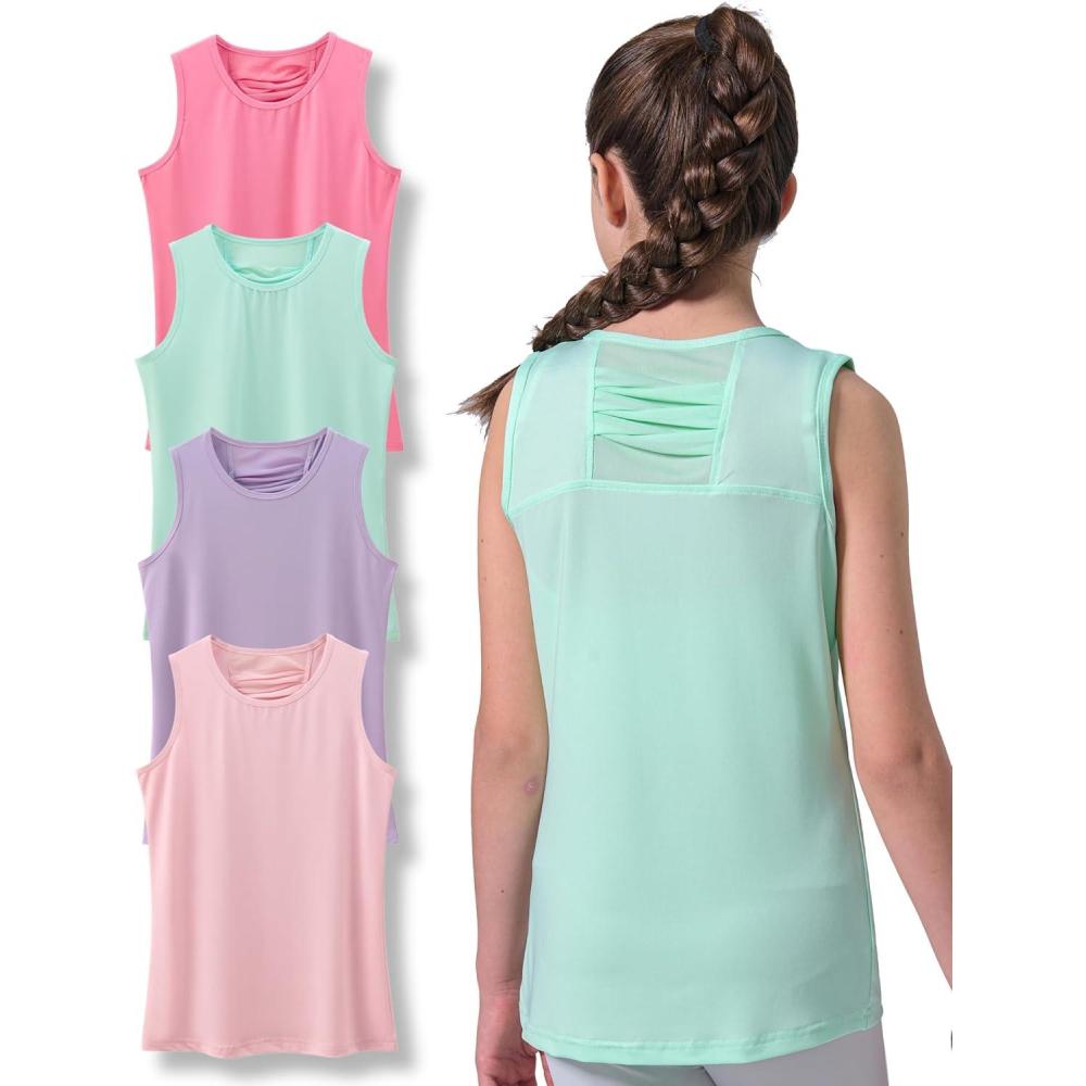image4 Pack Youth Girls Athletic Tank Tops Dry Fit Active Performance Tech Sleeveless ShirtsPinkLavenderMintLight Pink