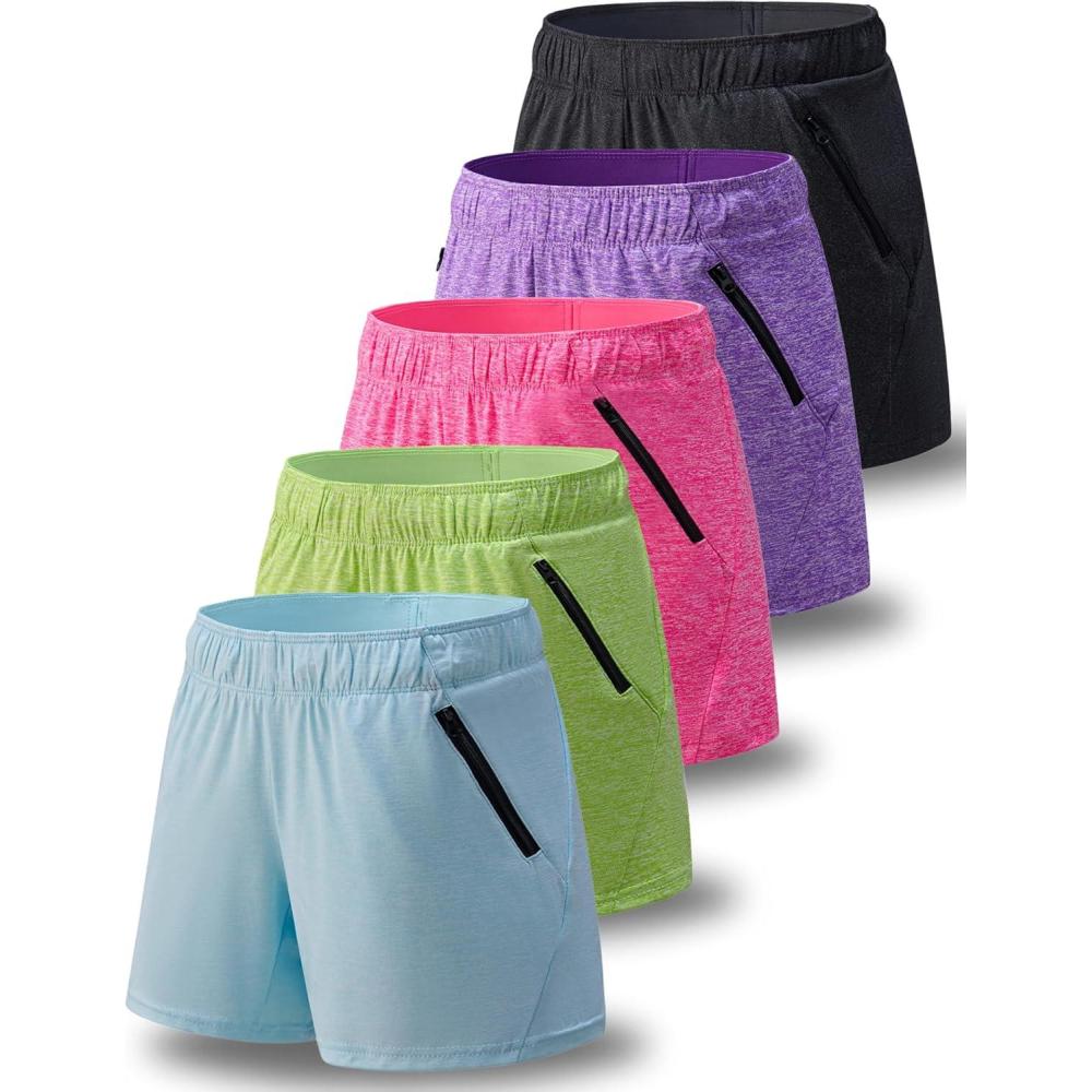 image5 Pack Womens Workout Gym Shorts Casual Lounge Set Ladies Active Athletic Apparel with Zipper PocketsBlackPurpleBaby BlueBright PinkNeon Yellow