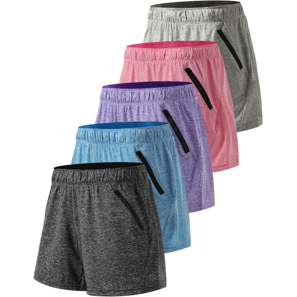 image5 Pack Womens Workout Gym Shorts Casual Lounge Set Ladies Active Athletic Apparel with Zipper PocketsHeather BlackBluePurplePinkGray