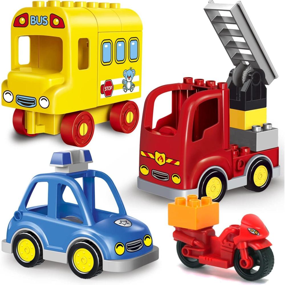 imageLiberty Imports 4Pack City Vehicles Transportation Set Big Building Blocks Compatible with Major Brands  Includes Police Car Fire Truck School Bus Motorcycle Toys for Kids Toddlers