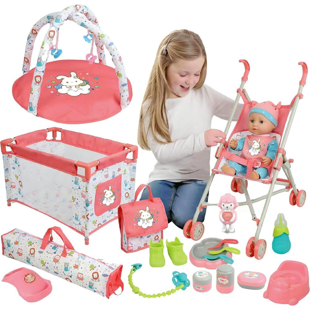 imageLiberty Imports Kids 18Piece Newborn Talking Baby Doll Stroller Nursery Role Play Set w Playpen Play Mat Potty Training Accessories 14quot Doll Included