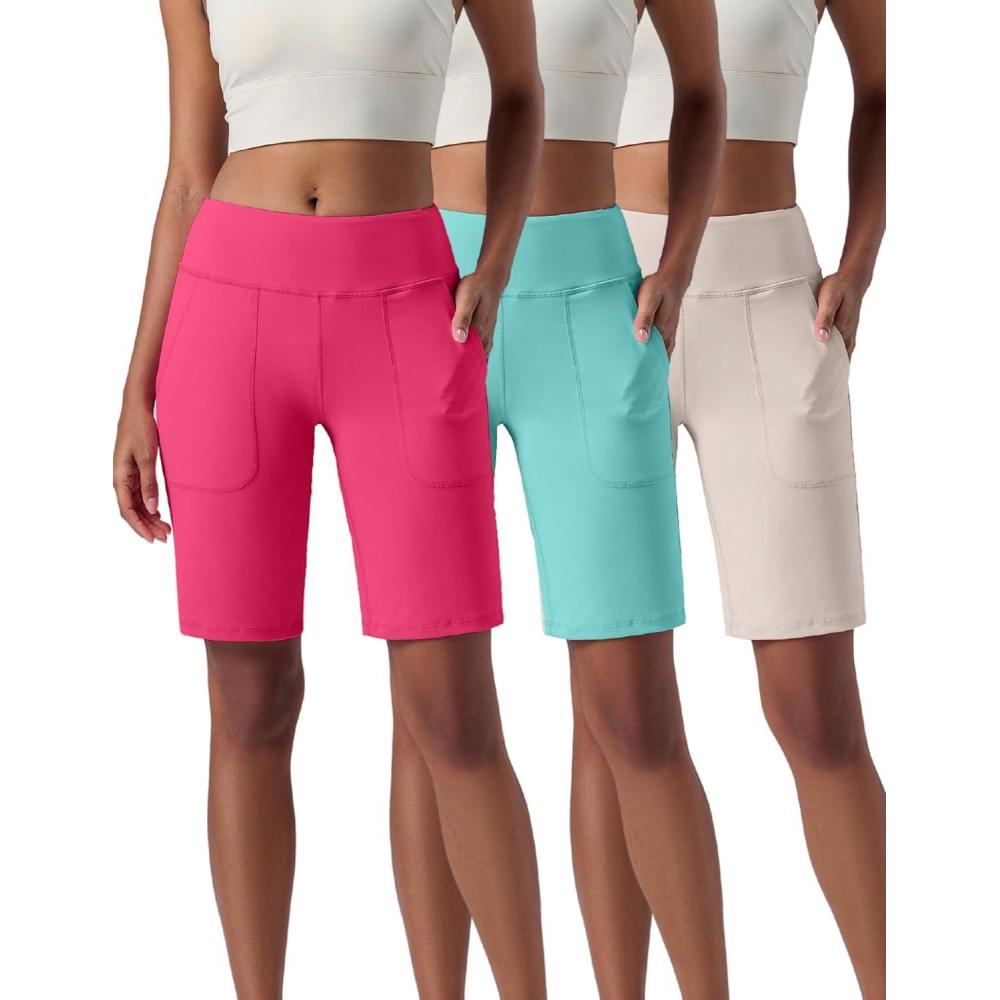 imageLiberty Pro 3 Pack Womens 10 Bermuda Shorts with Pockets Plus Size Quick Dry Casual Long Shorts KneeLength Tummy ControlAquaOff WhiteHot Pink