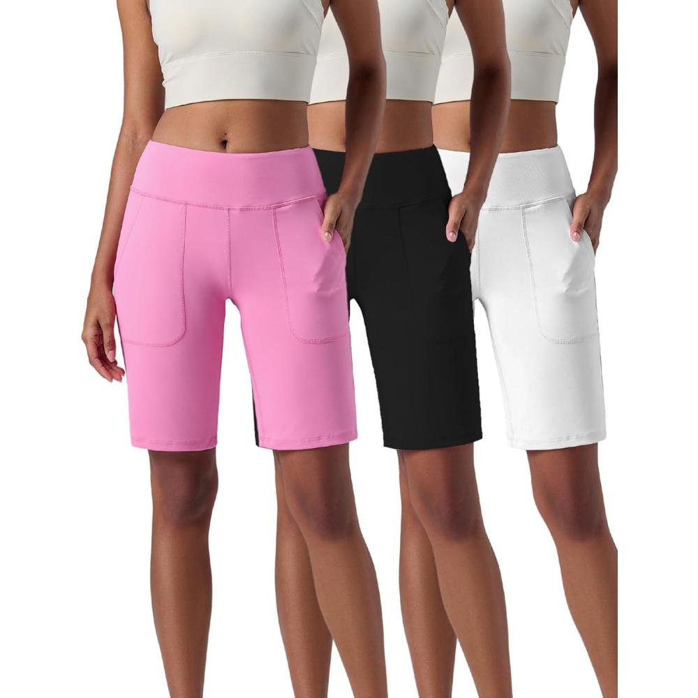 imageLiberty Pro 3 Pack Womens 10 Bermuda Shorts with Pockets Plus Size Quick Dry Casual Long Shorts KneeLength Tummy ControlPinkWhiteBlack