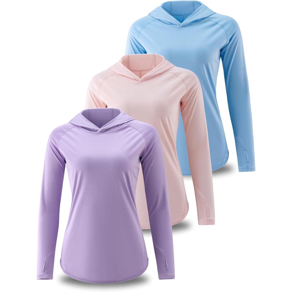 imageLiberty Pro 3 Pack Womens Active Lightweight Long Sleeve Hoodies UPF Sun Protection Pullover Shirts with Thumb HolesAquaLavenderPastel Pink