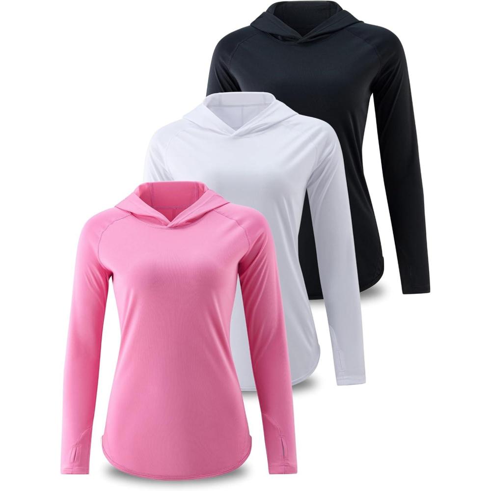 imageLiberty Pro 3 Pack Womens Active Lightweight Long Sleeve Hoodies UPF Sun Protection Pullover Shirts with Thumb HolesPinkBlackWhite