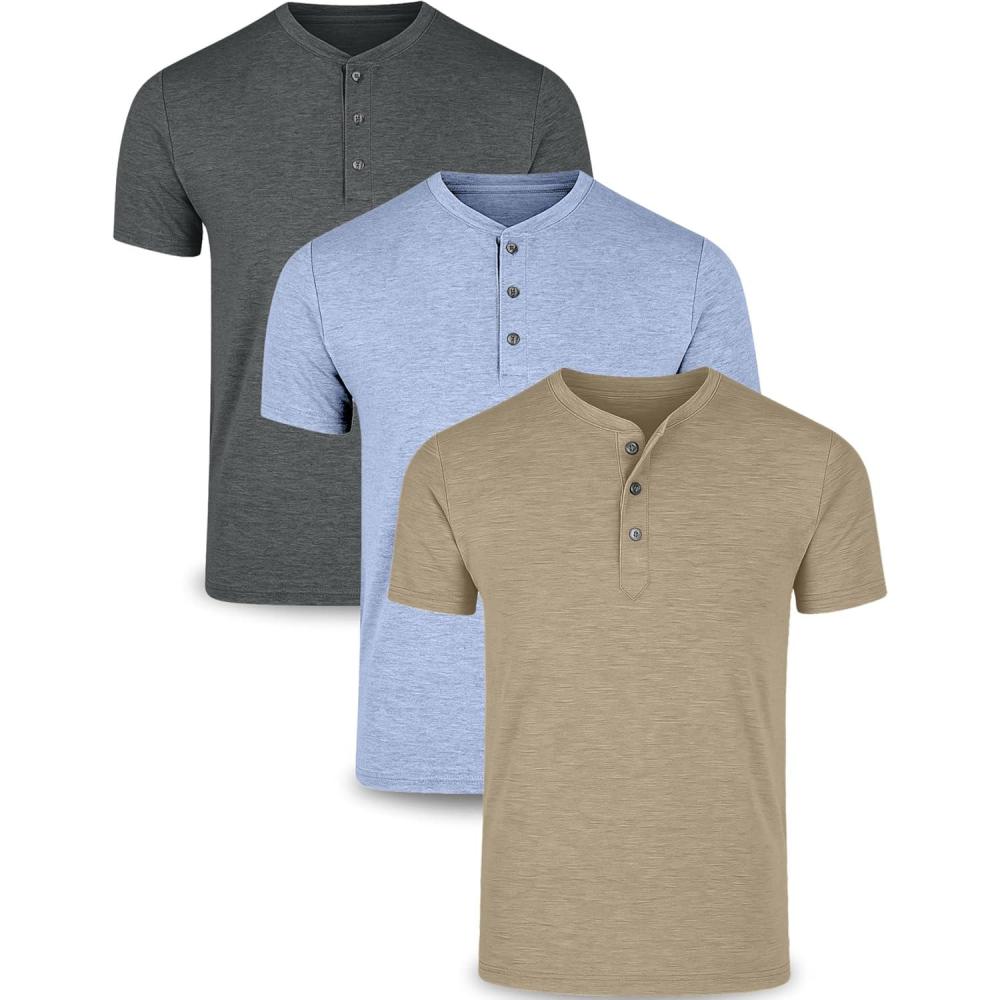 imageLiberty Pro 3Pack Mens Casual Henley Shirts  Comfort Soft Stretch Tees Relaxed Fit 3Button Summer TShirtsDark GrayLight BlueLight Khaki