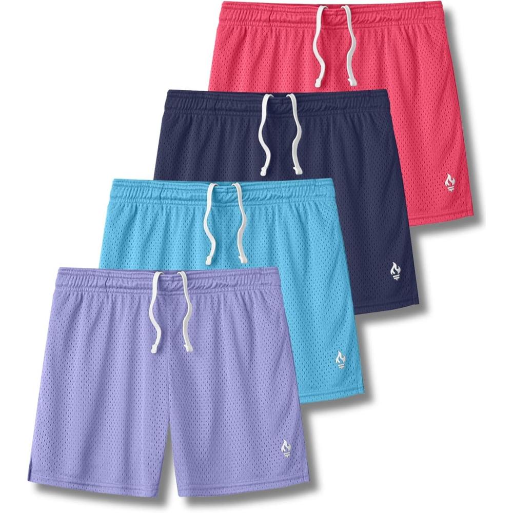 imageLiberty Pro 4 Pack Girls Airy Mesh Active Athletic Sport Shorts Youth Running Performance Clothes with PocketsNavyLavenderBaby BlueHot Pink