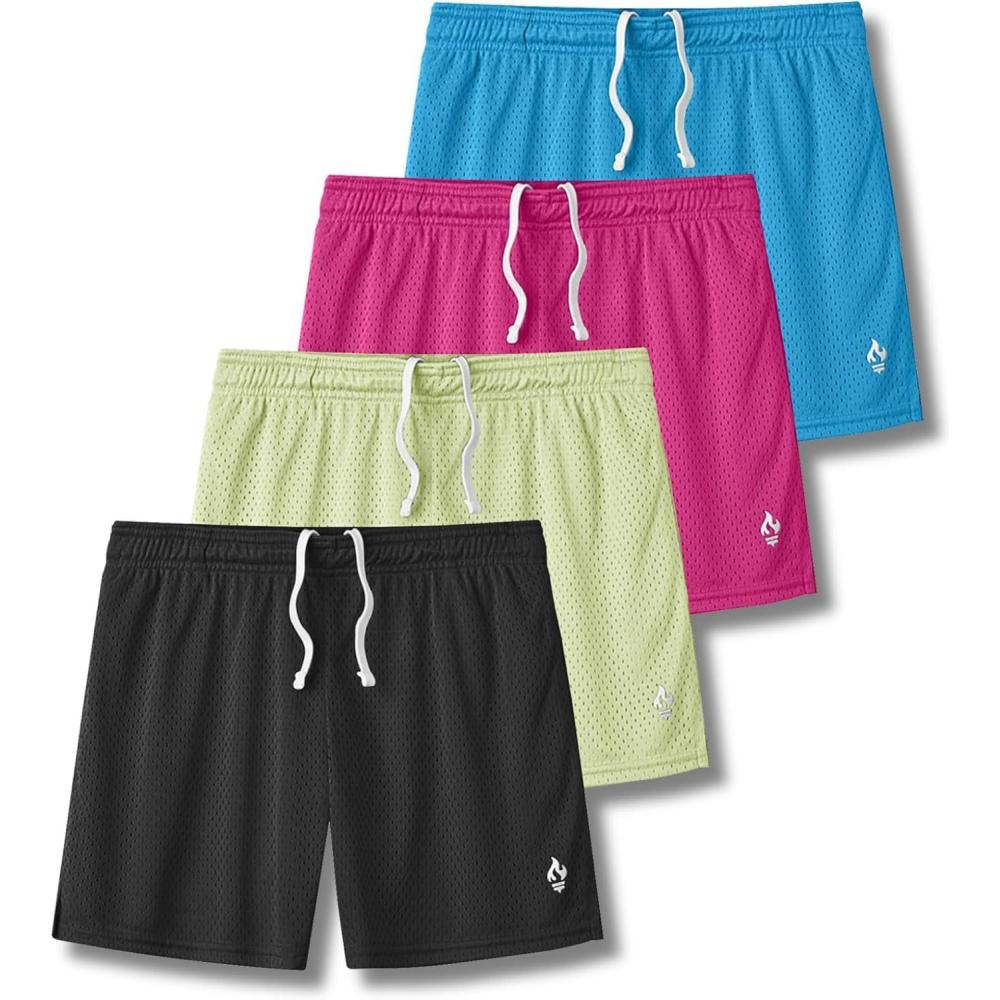 imageLiberty Pro 4 Pack Girls Airy Mesh Active Athletic Sport Shorts Youth Running Performance Clothes with PocketsTealLimeMagentaCharcoal