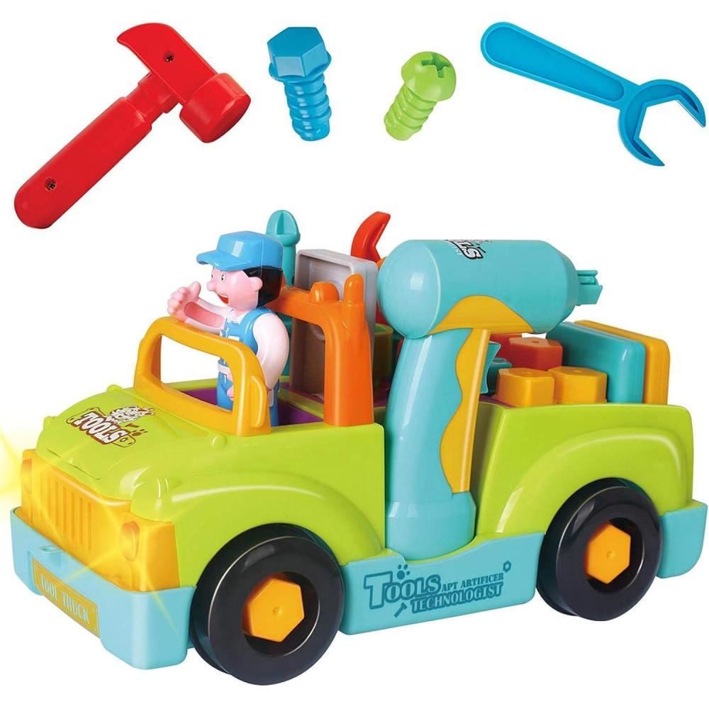 imageToddler Tool Set Toy Trucks Kids Mechanic Workbench Take Apart Musical Toolbox with Electric Drill Power Play Tools Lights Bump and Go Building Toy for 2 Year Old Boys