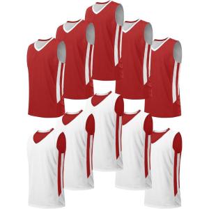 10 Pack Youth Boys Reversible Mesh Performance Athletic Basketball Jerseys Blank Team Uniforms for Sports Scrimmage Bulk(Red / White (10-pack))