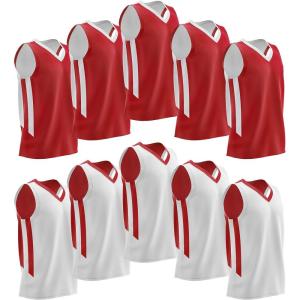 10-Pack Men’s Reversible Custom Basketball Jerseys, Plain Mesh Athletic Sleeveless Shirts Blank Team Uniforms Set(Red/White)
