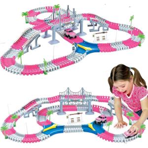 168 PCS Pink Magic Bendable Race Track Toy, Snap Together Create a Road Flexible Track Car Set for Toddlers, Kids, Boys, and Girls