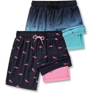 2 Pack: Men’s 7″ Swim Trunks with Compression Liner, Quick Dry Stretch Swimming Shorts Bathing Suits Swimwear(Aqua/Black)