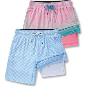 2 Pack: Men’s 7″ Swim Trunks with Compression Liner, Quick Dry Stretch Swimming Shorts Bathing Suits Swimwear(Blue Stripes/Pastel Wave)