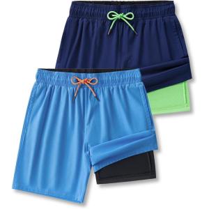 2 Pack: Men’s 7″ Swim Trunks with Compression Liner, Quick Dry Stretch Swimming Shorts Bathing Suits Swimwear(Blue/Navy)