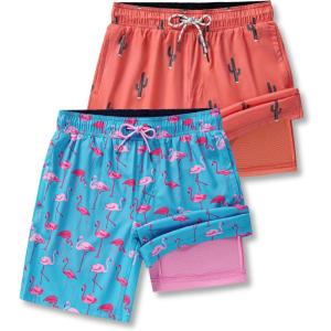 2 Pack: Men’s 7″ Swim Trunks with Compression Liner, Quick Dry Stretch Swimming Shorts Bathing Suits Swimwear(Coral/Light Blue)