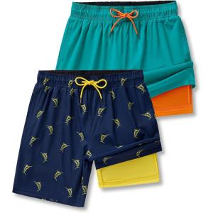 2 Pack: Men’s 7″ Swim Trunks with Compression Liner, Quick Dry Stretch Swimming Shorts Bathing Suits Swimwear(Navy/Green)
