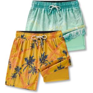 2 Pack: Men’s 7″ Swim Trunks with Compression Liner, Quick Dry Stretch Swimming Shorts Bathing Suits Swimwear(Tropical Prints)