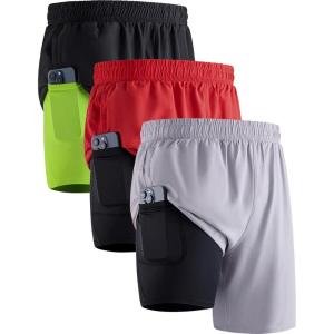 3 Pack: Men’s 7″ Running Shorts with Compression Liner Pockets, Athletic 2 in 1 Shorts for Workout Gym Quick Dry(Set 1)