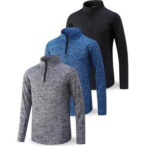 3 Pack Youth Boys Slim Fit Athletic Quarter Zip Pullover Shirts, Lightweight Long Sleeve Jackets Performance Tops(Blue/Black/Charcoal)