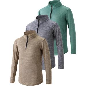 3 Pack Youth Boys Slim Fit Athletic Quarter Zip Pullover Shirts, Lightweight Long Sleeve Jackets Performance Tops(Green/Light Gray/Light Brown)