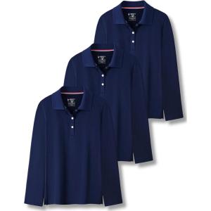 3 Pack Youth Girls’ Performance Polo Shirts, Long Sleeve Pique Collared Kids School Uniform Tops(Navy)