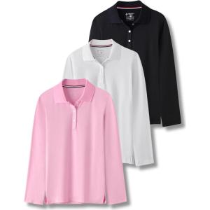 3 Pack Youth Girls’ Performance Polo Shirts, Long Sleeve Pique Collared Kids School Uniform Tops(Pink/Black/White)