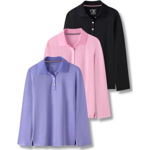 3 Pack Youth Girls’ Performance Polo Shirts, Long Sleeve Pique Collared Kids School Uniform Tops(Pink/Lilac/Black)
