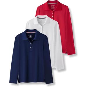 3 Pack Youth Girls’ Performance Polo Shirts, Long Sleeve Pique Collared Kids School Uniform Tops(Red/Navy/White)