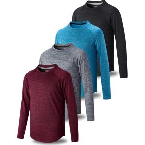 4 Pack: Youth Boys Long Sleeve Shirts Dry Fit Athletic Clothes for Teens, Kids Active Performance Tshirts with Thumb Holes(Blue/Gray/Black/Maroon)