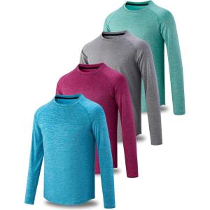 4 Pack: Youth Boys Long Sleeve Shirts Dry Fit Athletic Clothes for Teens, Kids Active Performance Tshirts with Thumb Holes(Gray/Red/Green/Light Blue)
