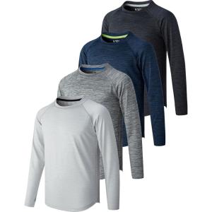 4 Pack: Youth Boys Long Sleeve Shirts Dry Fit Athletic Clothes for Teens, Kids Active Performance Tshirts with Thumb Holes(Light Gray/Charcoal/Navy/Gray)