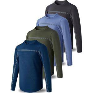 4 Pack: Youth Boys Long Sleeve Shirts Dry Fit Athletic Clothes for Teens, Kids Active Performance Tshirts with Thumb Holes(Olive/Blue/Charcoal/Lavender)
