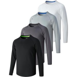 4 Pack: Youth Boys Long Sleeve Shirts Dry Fit Athletic Clothes for Teens, Kids Active Performance Tshirts with Thumb Holes(White/Gray/Charcoal/Black)