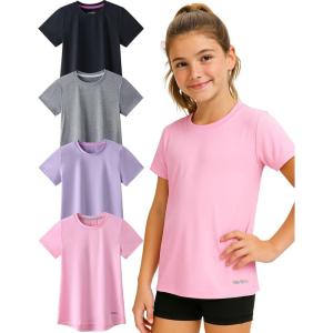 4 Pack: Youth Girls Athletic Shirts, Short Sleeve Dry Fit Apparel Tech Tshirts, Sports Activewear for Kids Teens(Black/Grey/Lavender/Light Pink)