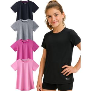 4 Pack: Youth Girls Athletic Shirts, Short Sleeve Dry Fit Apparel Tech Tshirts, Sports Activewear for Kids Teens(Black/Light Grey/Light Pink/Hot Pink)