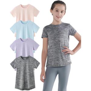 4 Pack: Youth Girls Athletic Shirts, Short Sleeve Dry Fit Apparel Tech Tshirts, Sports Activewear for Kids Teens(Heavenly Pink/Lavender Blue/Ancient Water/Metallic Silver)