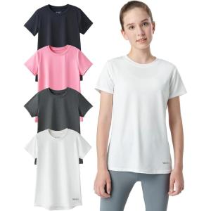 4 Pack: Youth Girls Athletic Shirts, Short Sleeve Dry Fit Apparel Tech Tshirts, Sports Activewear for Kids Teens(Pink/White/Black/Charcoal)