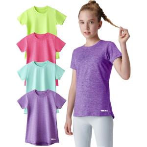 4 Pack: Youth Girls Athletic Shirts, Short Sleeve Dry Fit Apparel Tech Tshirts, Sports Activewear for Kids Teens(Purple/Baby Blue/Hot Pink/Neon Yellow)