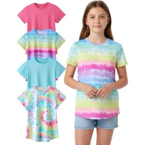 4 Pack: Youth Girls Athletic Shirts, Short Sleeve Dry Fit Apparel Tech Tshirts, Sports Activewear for Kids Teens(Tie-dye Print / Solid)
