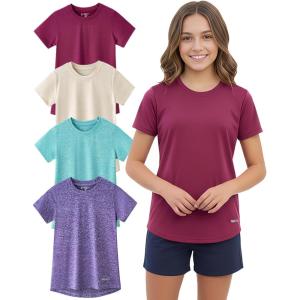 4 Pack: Youth Girls Athletic Shirts, Short Sleeve Dry Fit Apparel Tech Tshirts, Sports Activewear for Kids Teens(Violet/Aqua/Light Peach/Sangria)