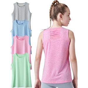 4 Pack Youth Girls Athletic Tank Tops Dry Fit Active Performance Tech Sleeveless Shirts(Heather Green/Pink/Light Blue/Gray)