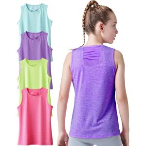 4 Pack Youth Girls Athletic Tank Tops Dry Fit Active Performance Tech Sleeveless Shirts(Heather Purple/Hot Pink/Neon Yellow/Baby Blue)