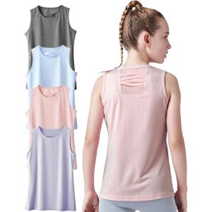 4 Pack Youth Girls Athletic Tank Tops Dry Fit Active Performance Tech Sleeveless Shirts(Heavenly Pink/Lavender Blue/Ancient Water/Metallic Silver)