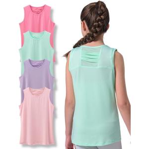 4 Pack Youth Girls Athletic Tank Tops Dry Fit Active Performance Tech Sleeveless Shirts(Pink/Lavender/Mint/Light Pink)